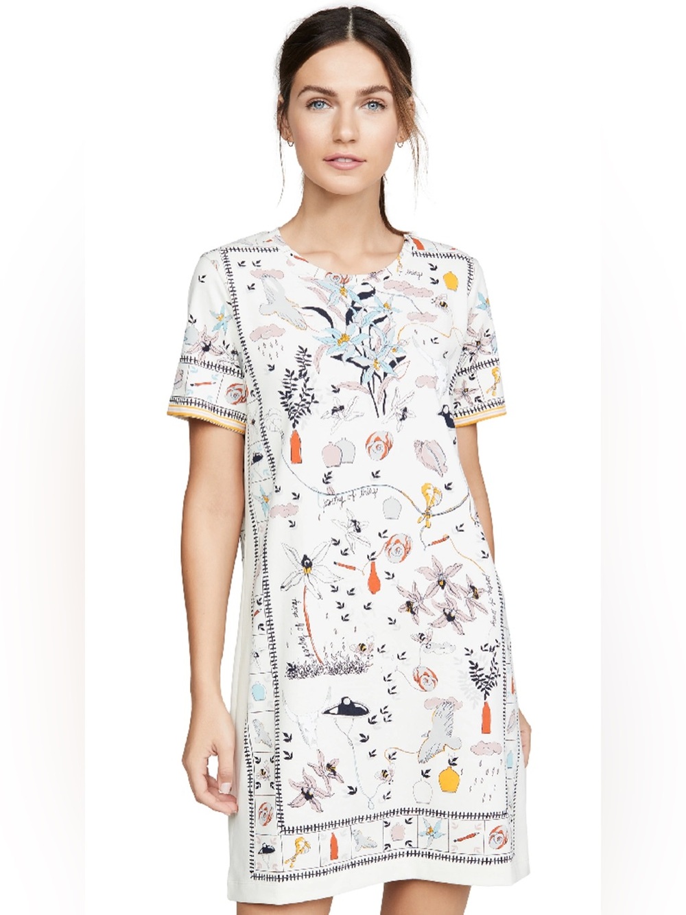 Tory Burch Poetry of Things Dress XS Pima Cotton Scarf Print Artsy Boho Ivory